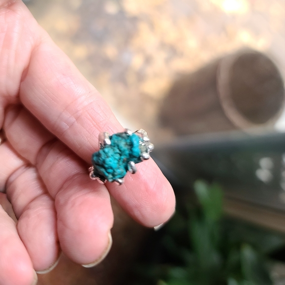 Turquoise raw natural nugget with Pyrite squares sterling ring sz7 - Picture 11 of 14